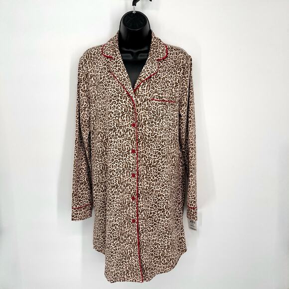Charter Club NWT Women's Button Down Sleep Shirt Size S Leopard Brown Red Trim - Picture 1 of 8